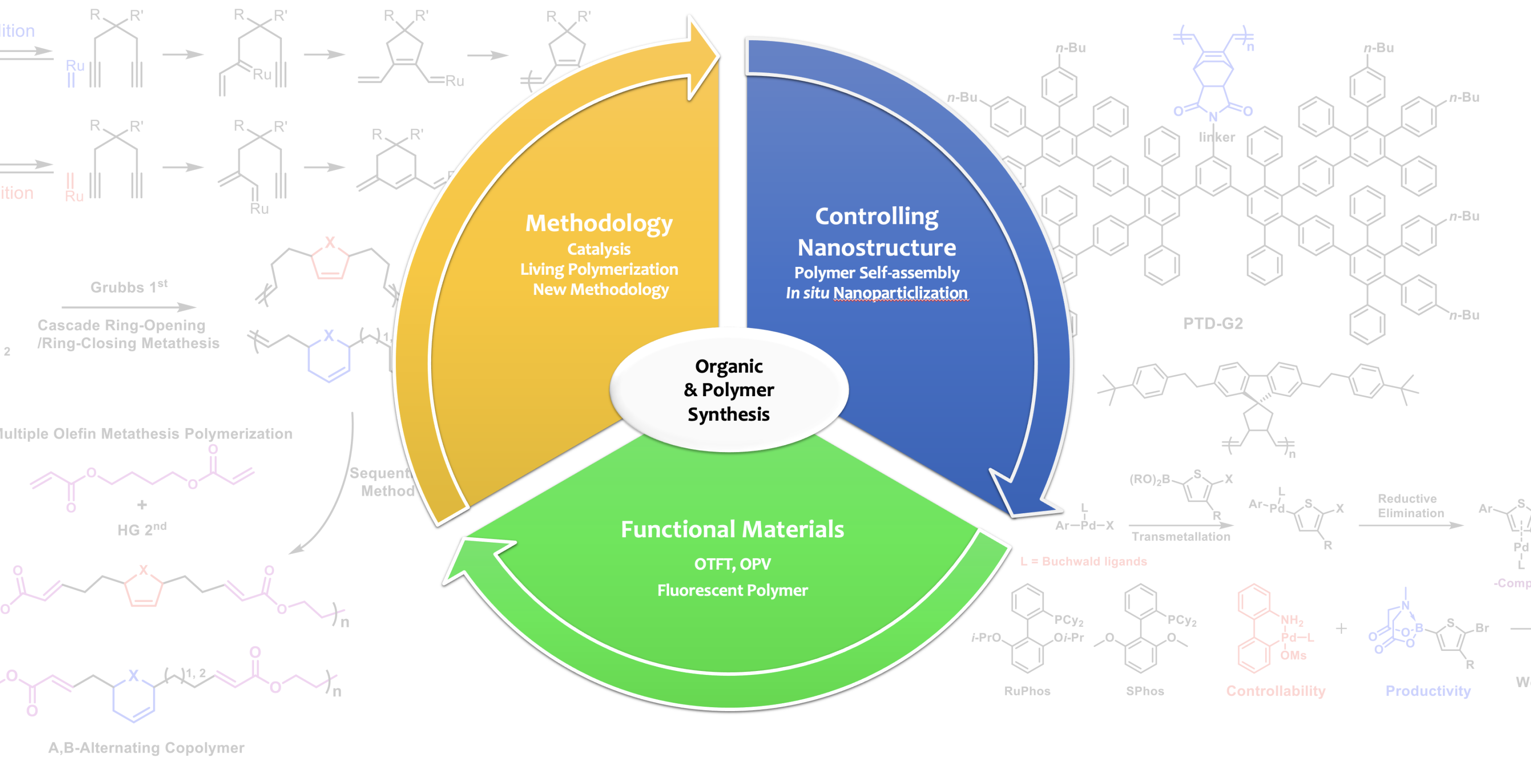 Image describing the three main parts of Organic and Polymer Synthesis